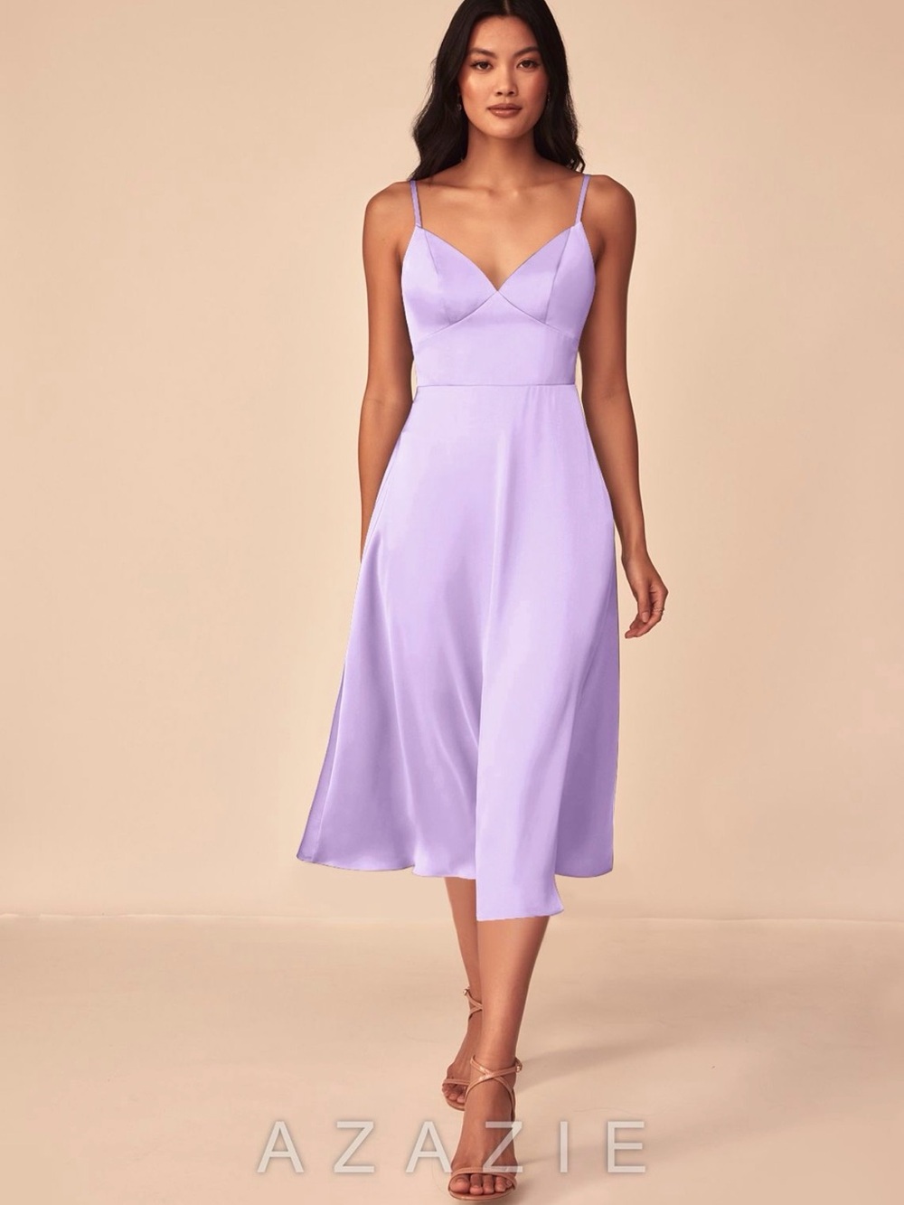 Azazie Lilac Satin V-Neck Spaghetti Strap Midi